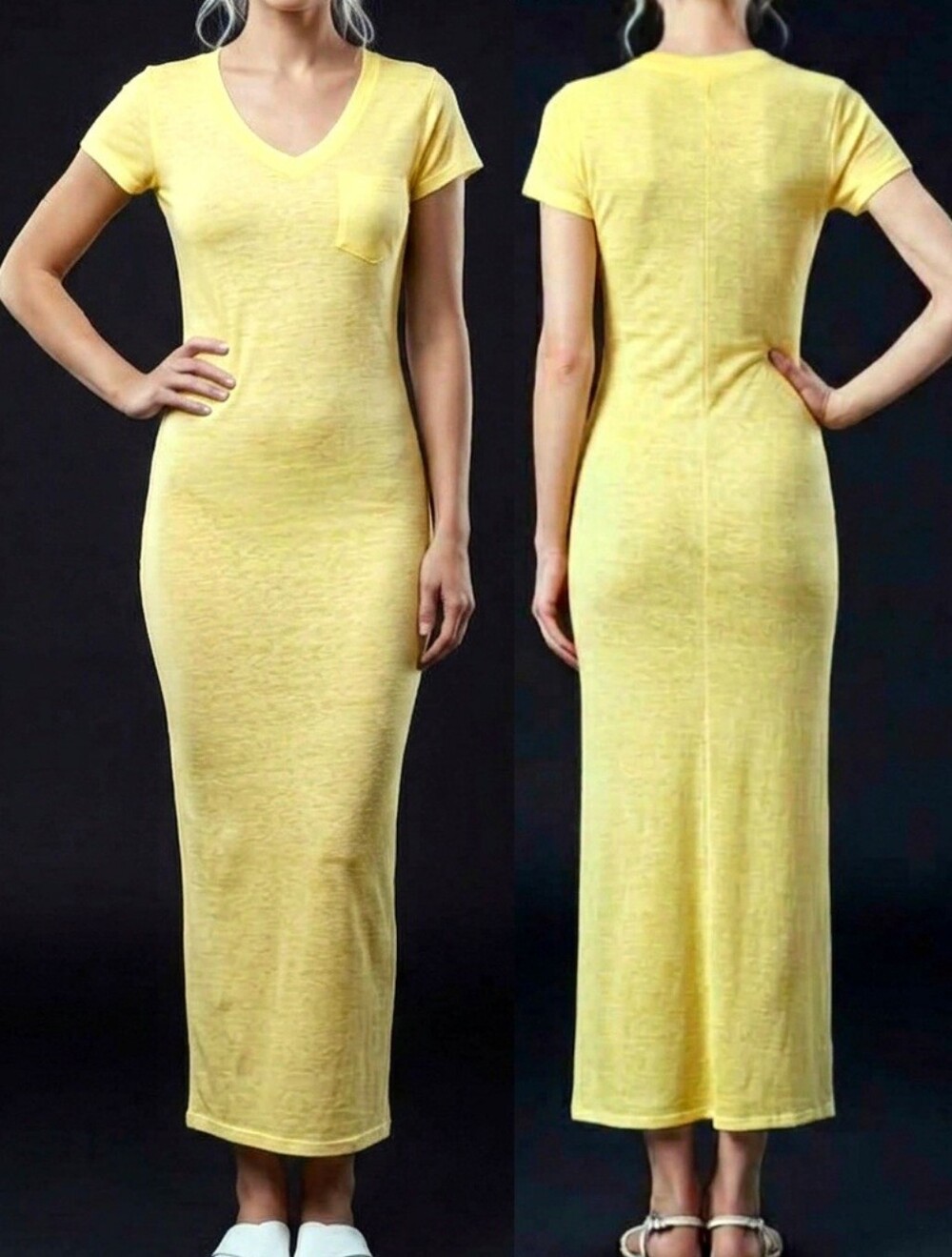 True Rock yellow short sleeve thin tshirt with pocket long maxi dress M NWT